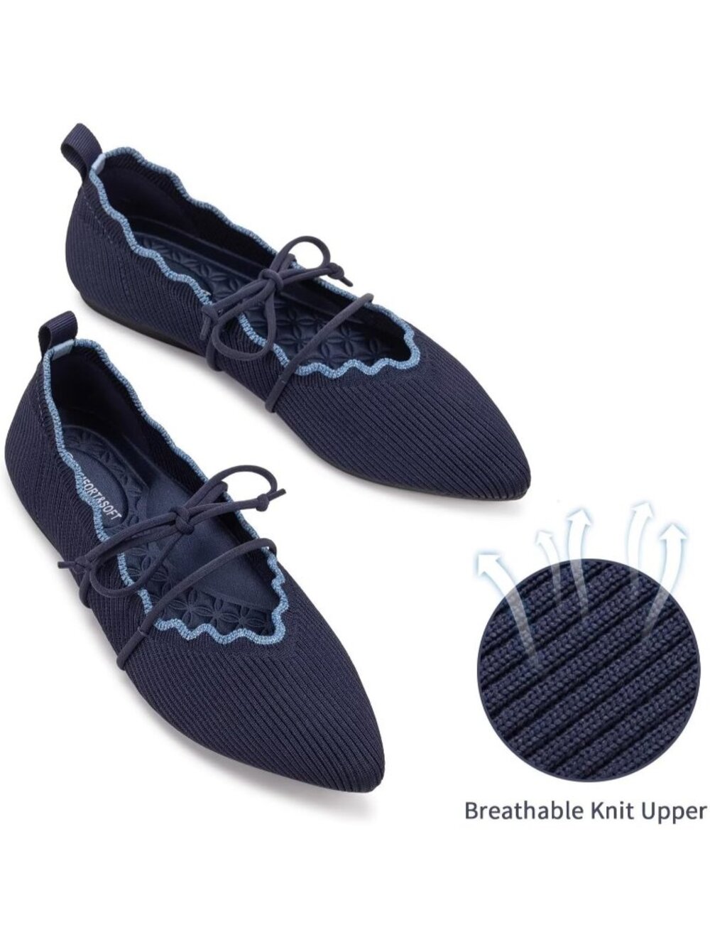 Women's Navy Rubber Knitted Slip On Pointed Toe with Ruffled Vamp Elastic Flats - Picture 3 of 7